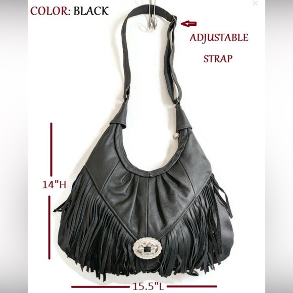 Leather Western Fringe Crossbody Bag Black Hobo Concho Bag 15 x 14 NWOT - Picture 8 of 17